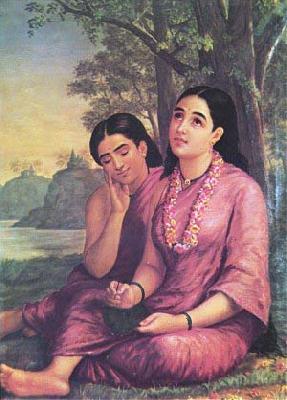 Raja Ravi Varma Shakuntala writes to Dushyanta. oil painting image
